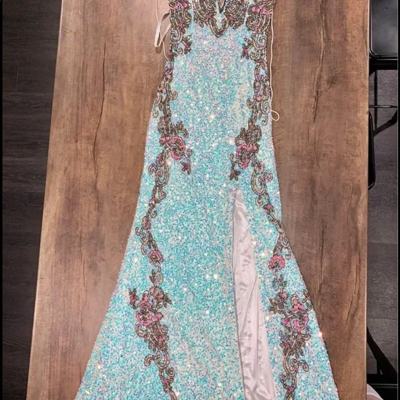 turquoise sparkly prom dress Jovani Strapless Long Sequin Prom Dress 23077
